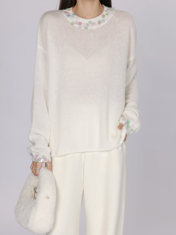 Ivory Wool-Cashmere Blend Sweater with Sequin Collar Detail