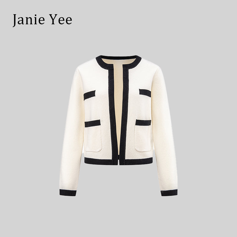 23AW02-0004 White & Black Trim Wool Cardigan