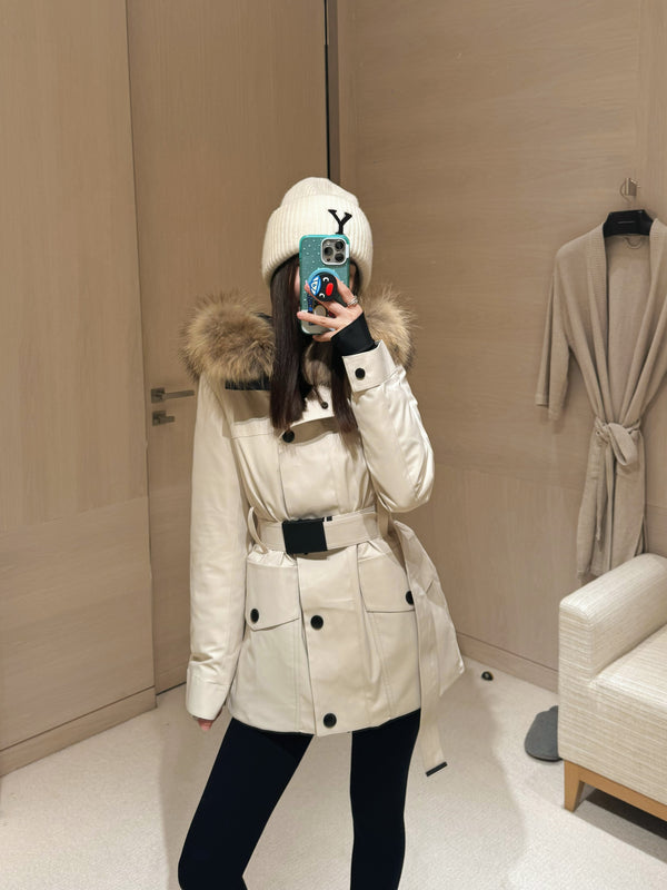 Women's White Down Jacket with Raccoon Fur Collar